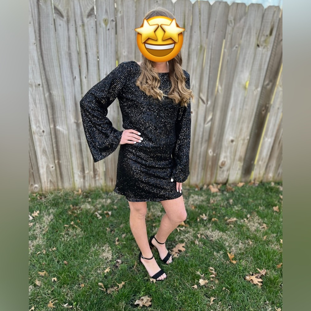 Black sequin bell sleeve open back mini dress, size S, worn once, like new